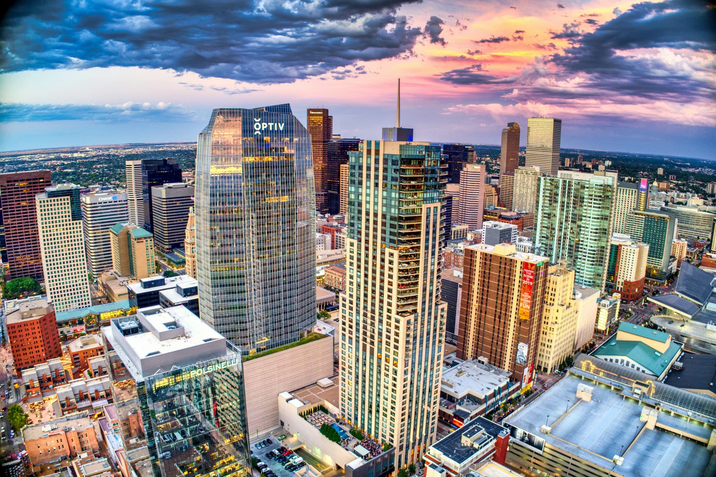 The downtown Denver skyline at sunset